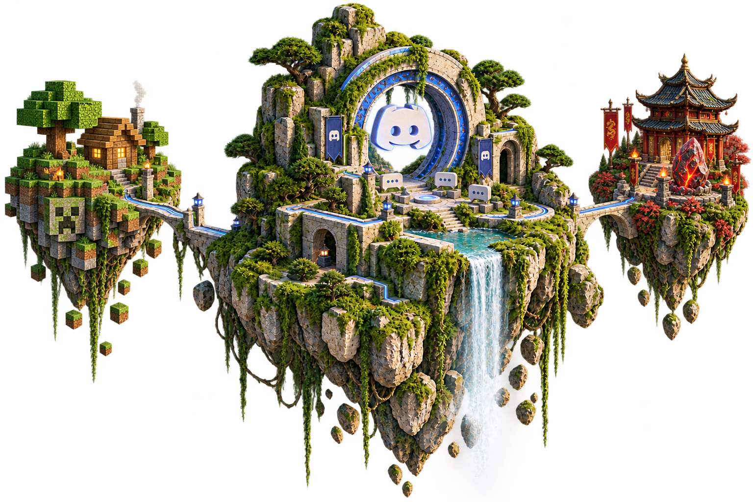 Solda Minecraft, merkezde Discord topluluğu, sağda Metin2 temalı yüzen adalar; konsept illüstrasyon