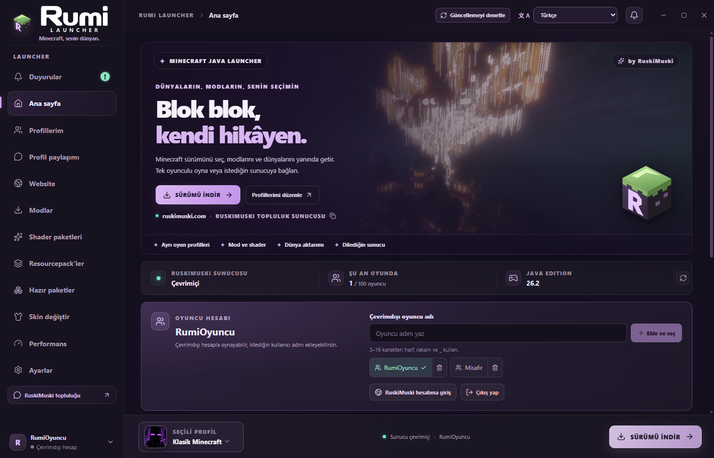 Rumi Launcher 0.3.77 ana sayfasının gerçek ekran görüntüsü